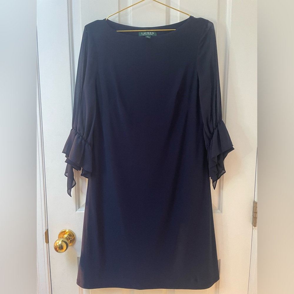 8 Ralph Lauren Navy Sheer Ruffle Sleeve Shift Dress